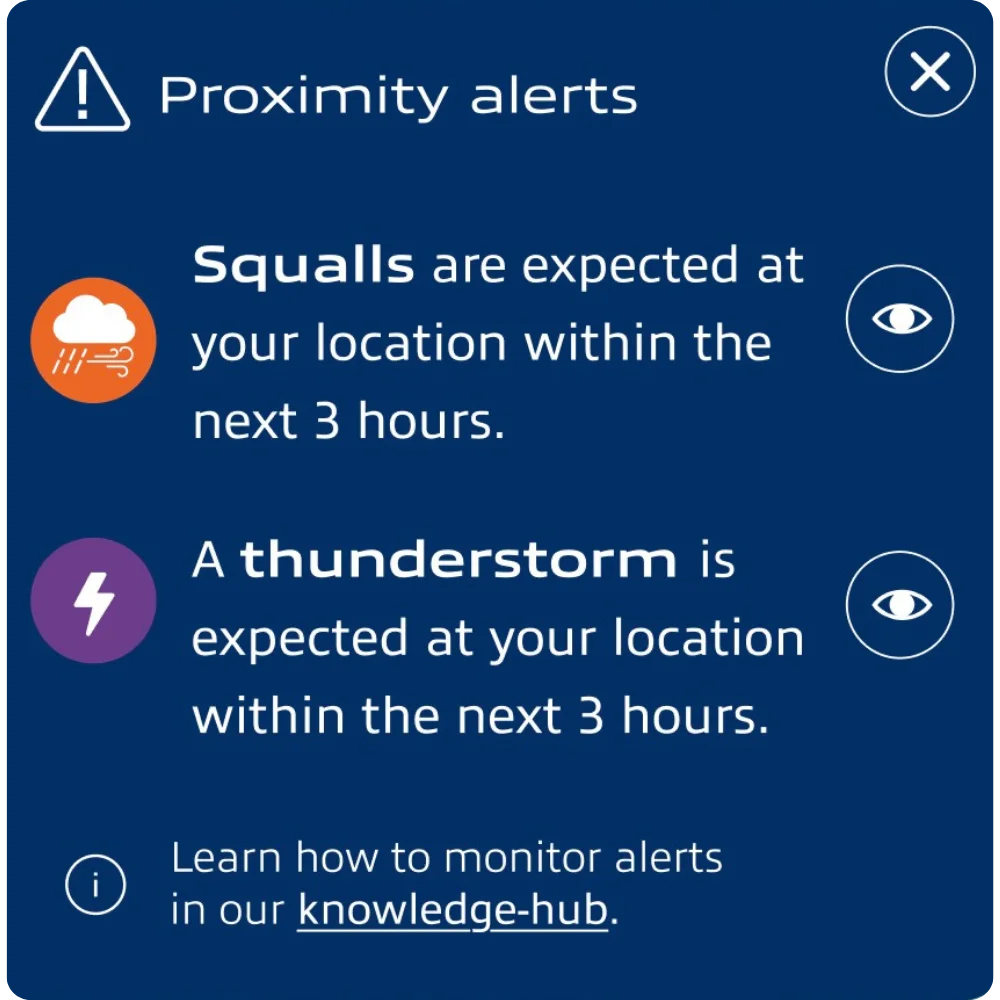 Proximity alerts panel showing squalls and thunderstorm warnings in MWI Shipping